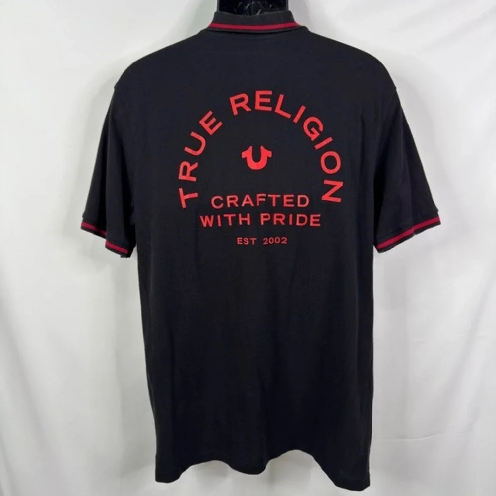 True Religion Men Black Red Logo Short Sleeve Polo Shirt Size XL